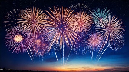 Fototapeta premium 青い夜空に輝く綺麗で美しい打ち上げ花火のイメージ 背景素材 AI生成素材