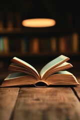 Fototapeta premium Open Book on Wooden Table in Cozy Library Setting with Warm Lighting