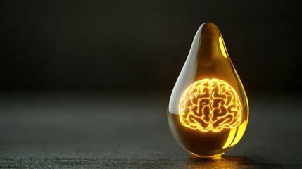 Olive oil nourishes the brain concept. A golden drop of olive oil transforming into a glowing brain, symbolizing cognitive nourishment