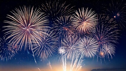 青い夜空に輝く綺麗で美しい打ち上げ花火のイメージ 背景素材 AI生成素材