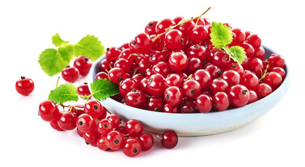 Świeże czerwone porzeczki z kilkoma listkami w jasnej miseczce © Blue Pixel