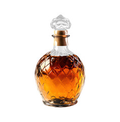 The image features a clear, ornate glass decanter filled with an amber-colored liquid, likely alcohol, with a crystal stopper.