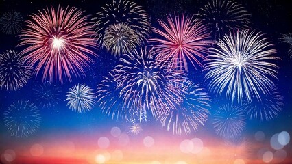 Fototapeta premium 青い夜空に輝く綺麗で美しい打ち上げ花火のイメージ 背景素材 AI生成素材