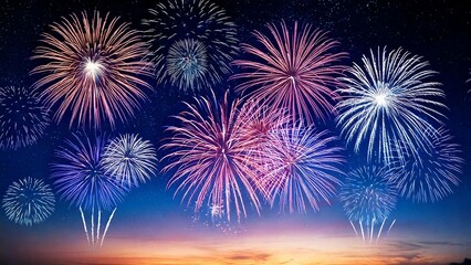 Fototapeta premium 青い夜空に輝く綺麗で美しい打ち上げ花火のイメージ 背景素材 AI生成素材
