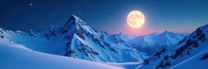 Snowy mountain tops glistening under the light of a full moon, glow, icy