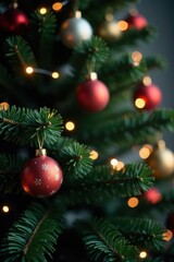 Fototapeta premium Softly focused ornaments and lights adorn a dark green Christmas tree, lights, winter, bokeh