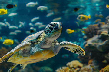 Obraz premium Graceful sea turtle swimming in coral reef