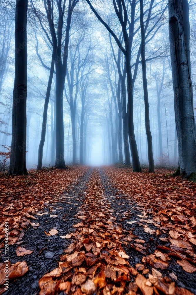 Poster misty autumn path through a forest with tall trees and fallen brown leaves. cool toned light and fog