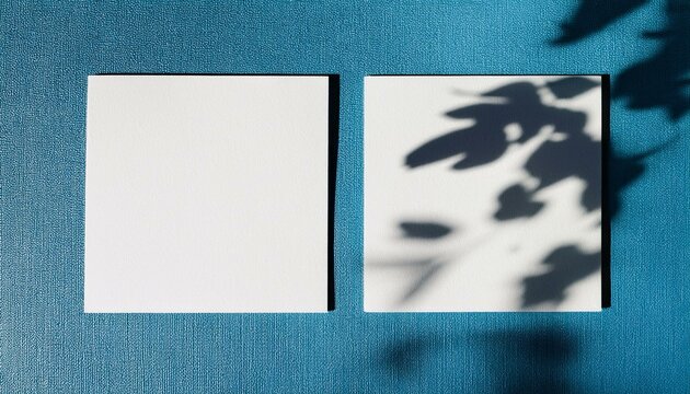 natural light casts shadows from the leaves of a tree on 2 square frames of white textured paper lying on a blue facture background mock up with an overlay of plant shadows