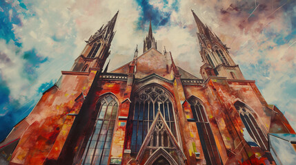 Majestic gothic church towers reaching toward a dramatic sky filled with clouds during a vibrant day in an urban setting.