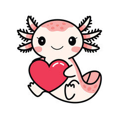 Kawaii Axolotl Holding Heart - Cute Vector Illustration