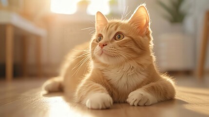 Adorable ginger kitten basking in sunlight