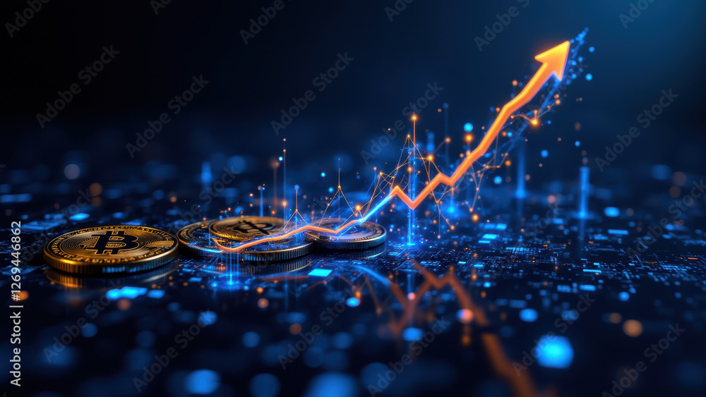 Poster a dynamic scene with bitcoin coins soaring upwards amidst a background of digital elements, symboliz