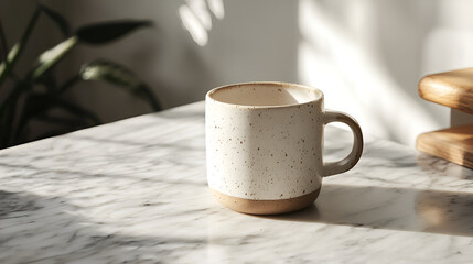 Ceramic mug on a marble surface, bathed in natural light with a potted plant in the background.
