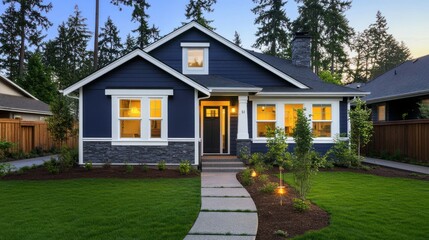 Obraz premium Evening view of a modern home with landscaped yard. Use Stock photo for real estate, design, and architecture