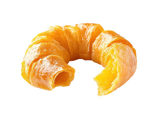A single, well-lit croissant sits on a transparent background, exhibiting its golden-brown crust and layered texture.