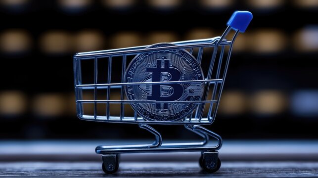 Shopping cart with Bitcoin symbolizing digital currency commerce - Powered by Adobe
