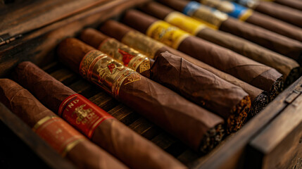 Collection of premium cigars arranged neatly in a wooden box showcasing various brands and colors for enthusiasts and connoisseurs