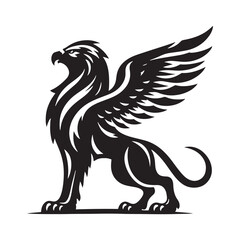 Griffin silhouette gazing across vast, ancient lands - Griffin illustration - Minimalist Griffin vector - Mythical creature silhouette
