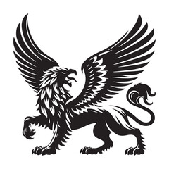 Fototapeta premium Griffin silhouette standing against the wind, wings outstretched - Griffin illustration - Minimalist Griffin vector - Mythical creature silhouette 