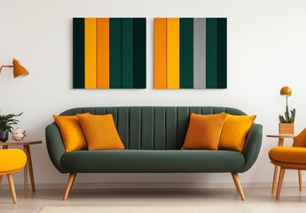 Modern living room interior with dark green sofa, mustard yellow cushions and armchairs, and abstract wall art in gold, green, and gray. Natural