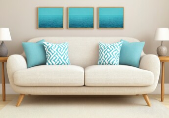 Beige sofa with teal patterned throw pillows in a modern living room. Three teal abstract artworks hang above the sofa. Wooden side tables and a rug