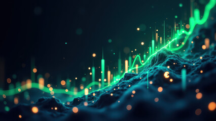 A dynamic digital art representing financial growth with abstract elements like graphs and lights.