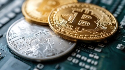 Close-up of Bitcoin and cryptocurrency coins on circuit board