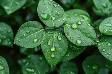 Fresh Green Leaves with Dew Drops - Nature's Refreshing Beauty in Close-Up