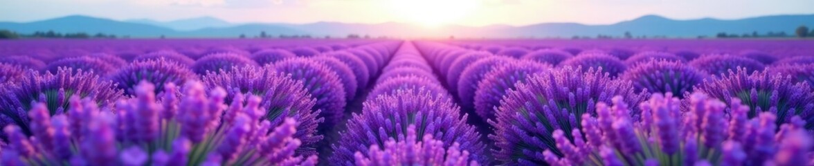 Fototapeta premium A field of lavender stretching towards the horizon, purple flowers, floral arrangement, natural scenery