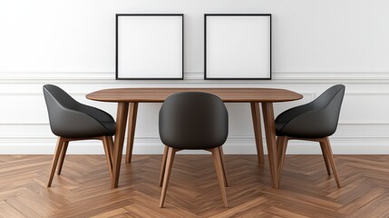 Modern dining room interior with two blank square frames on a white wall above a wooden dining table with four black chairs. Warm lighting and