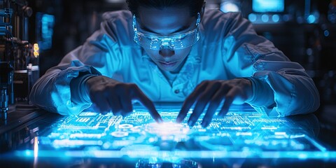 futuristic scientist analyzing holographic data in high-tech laboratory