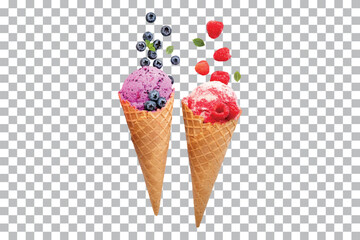 Blueberry and Raspberry Ice Cream Cones isolated on transparent background