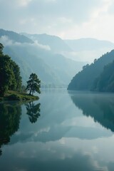 Fototapeta premium A misty morning over the hills and lake at Oldenburger See Bornhorst, cloudy, serene, hills