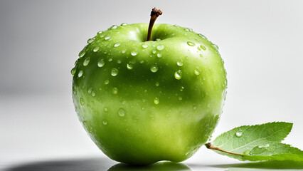A fresh, delicious green apple accompanied by a leaf, isolated against a white background