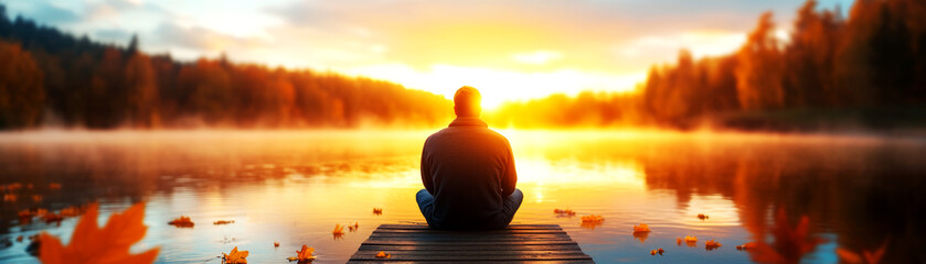 Meditation at sunrise by tranquil lake serene landscape nature's beauty peaceful setting inspiring reflection