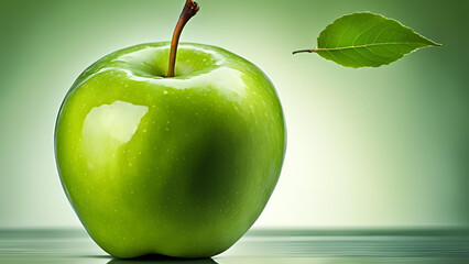 An appetizing green apple, complete with a leaf, set apart on a white surface