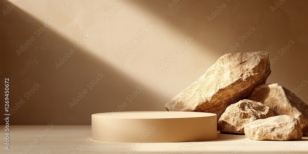 Poster minimalist composition with textured stones and a circular platform in warm lighting.