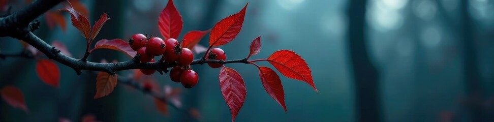 Fototapeta premium Dead leaf-covered branch with glowing red berries, dead tree branches, haunted forest, autumn nights