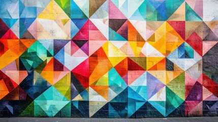 Colorful geometric mural on urban wall; background, city street; use, design, decor