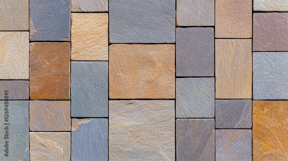 Poster close up view of a multicolored stone pavement texture. the pavement consists of various sized, rect