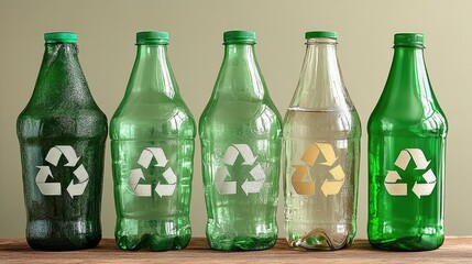 Variety of Recycled Green Bottles on Wooden Surface