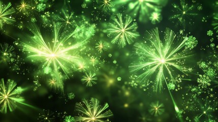 Fototapeta premium Abstract green fireworks with radiant floral patterns in night sky