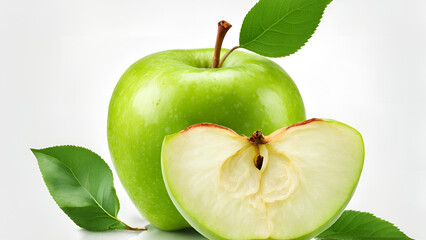 A flavorful green apple featuring a leaf, distinctly presented on a white background