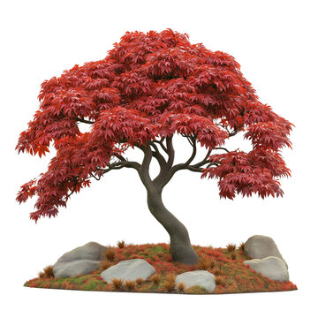 Red Japanese maple bonsai isolated on transparent background