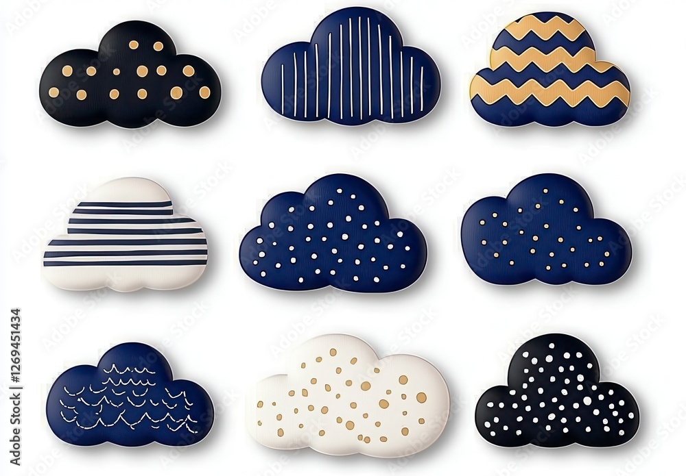 Aufkleber nine cloud shaped cookies with various navy, gold, and white geometric patterns arranged in a grid p