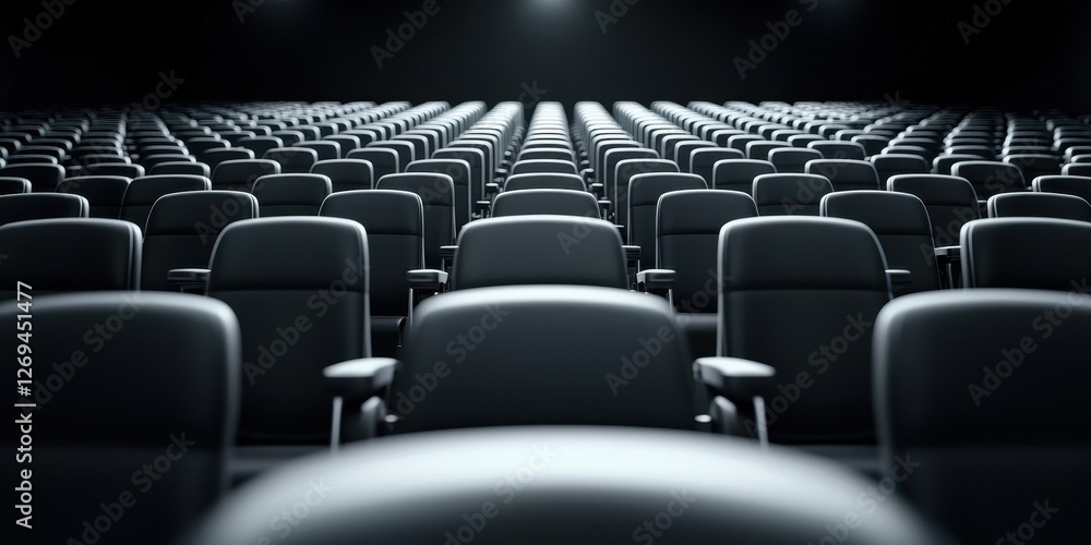 Poster empty cinema seats arranged in rows, creating a symmetrical perspective.