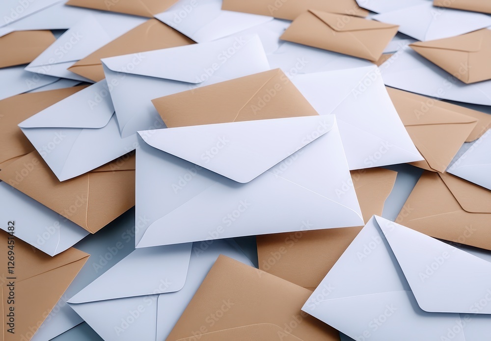 Poster close up view of numerous pale blue and light brown envelopes, randomly arranged, creating a texture