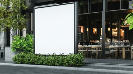 Realistic white paper poster mockup outside restaurant showcasing marketing business concept