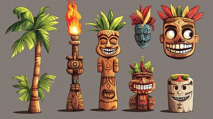 Set of tiki masks and totems with different sizes, shapes, colors and accessories smiling in cartoon style